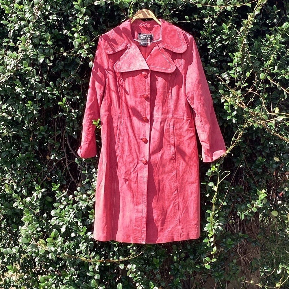 Vintage Terry Lewis Classic Luxuries Suede Leather Cherry Red Trench Coat